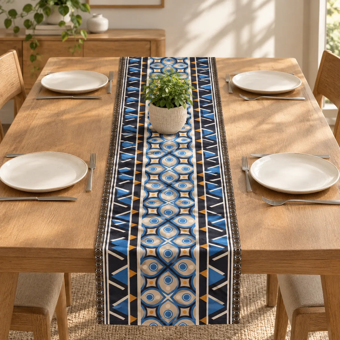 SunlitFloralTablerunnners placed on  a dining table 