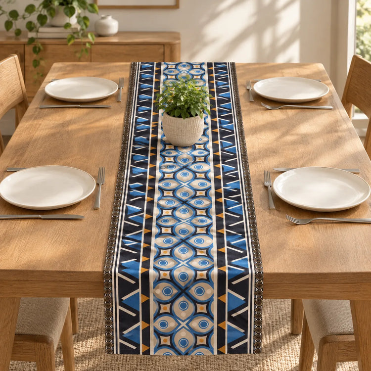 SunlitFloralTablerunnners placed on  a dining table 