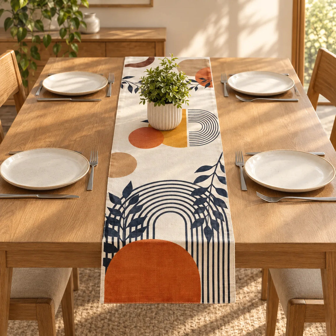 SunlitFloralTablerunnners placed on a dining table 
