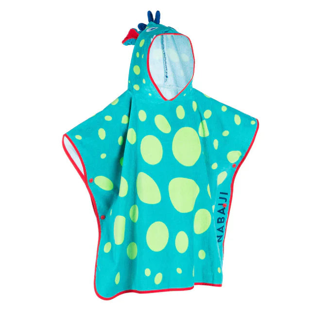 Turquoise dinosaur towel poncho displayed with its hood, lime spots and red side details.