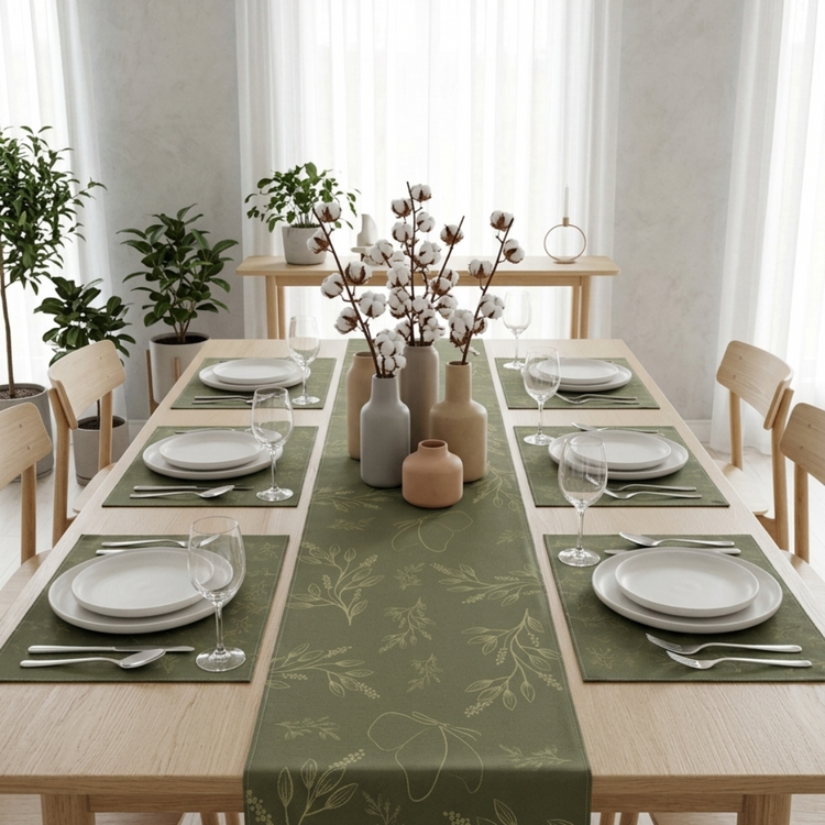 Dark green botanical table runner with matching placemats.