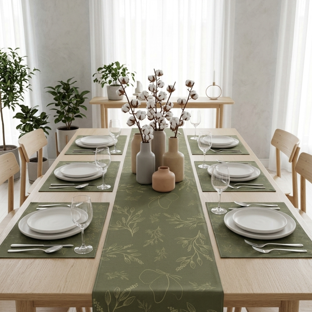 Evergreen Bloom Table runner with Mats