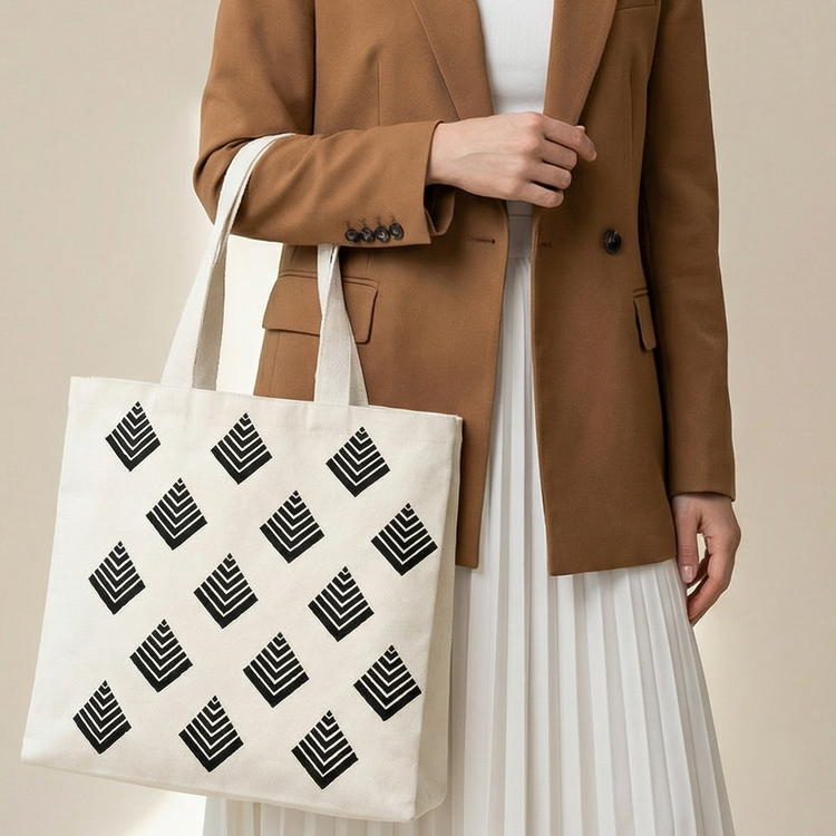 Cream and black geometric tote bag shown carried over a shoulder.