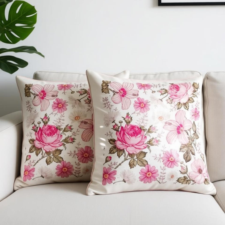 Two cream cushion covers with pink roses and delicate floral details on a sofa.