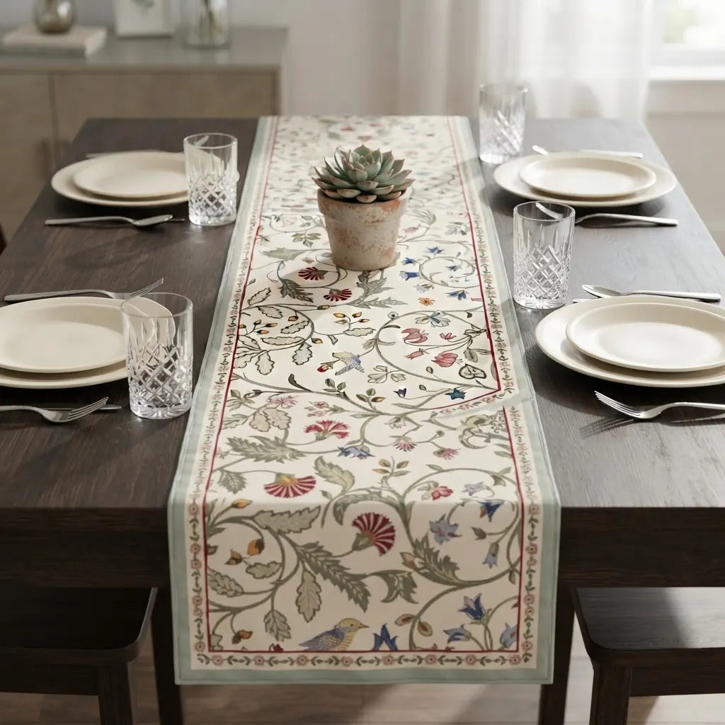 A rectangular table runner with an intricate floral and bird pattern in muted red, blue, green, and beige tones, styled on a dark wood dining table with place settings and a small succulent.