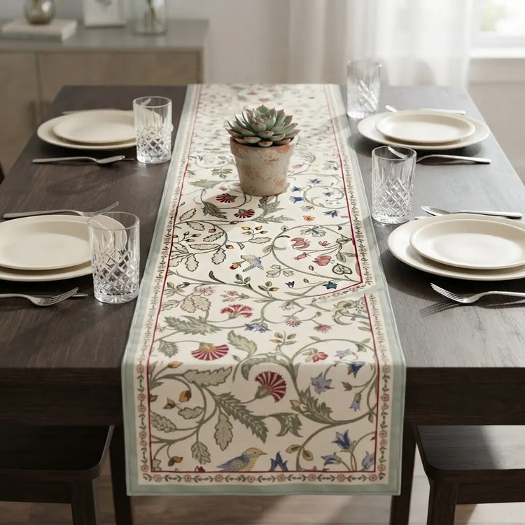A rectangular table runner with an intricate floral and bird pattern in muted red, blue, green, and beige tones, styled on a dark wood dining table with place settings and a small succulent.