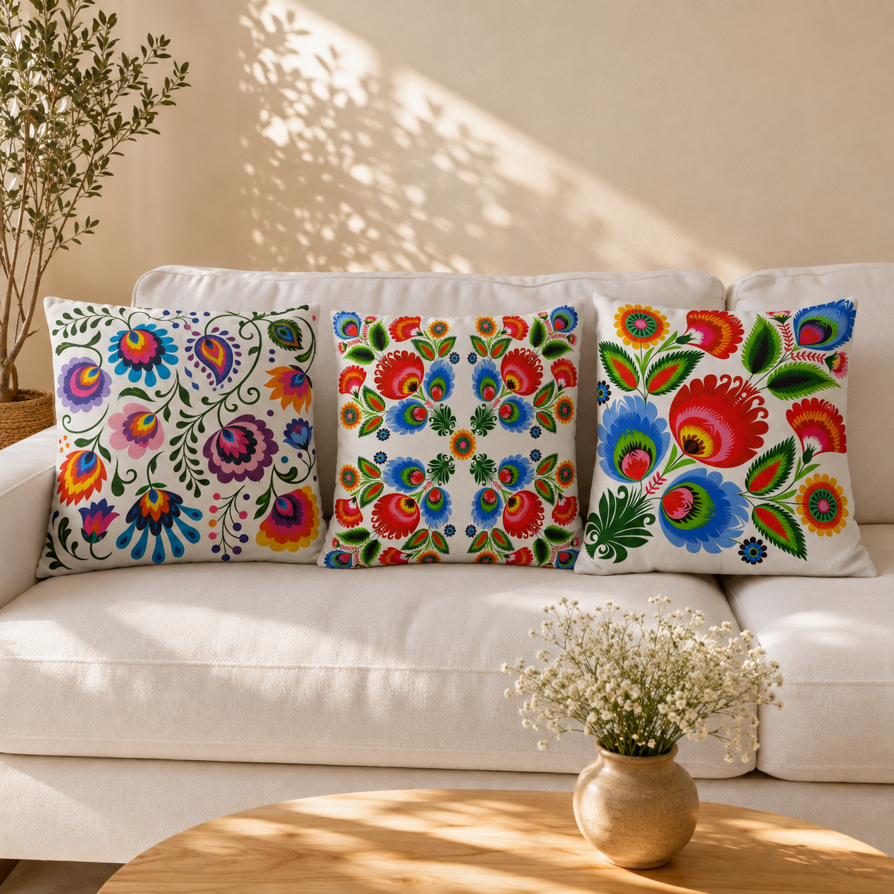 Three square throw pillows with vibrant, colorful hand-painted floral patterns in Polish folk art style, arranged on a white sofa in a sunlit living room.
