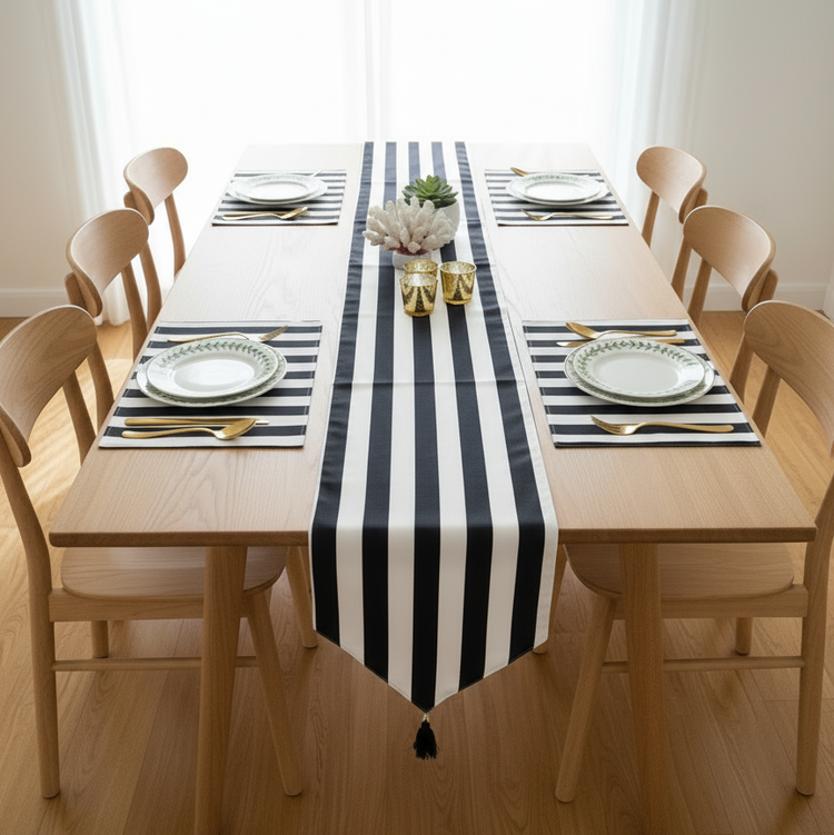 Broad black and white striped table runner with matching placemats.