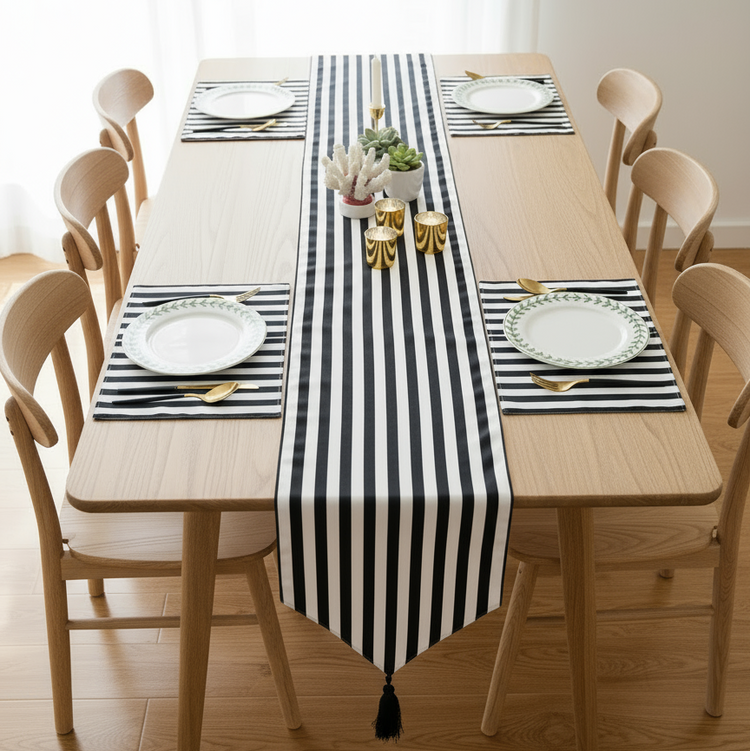 Narrow black and white striped table runner with matching placemats.