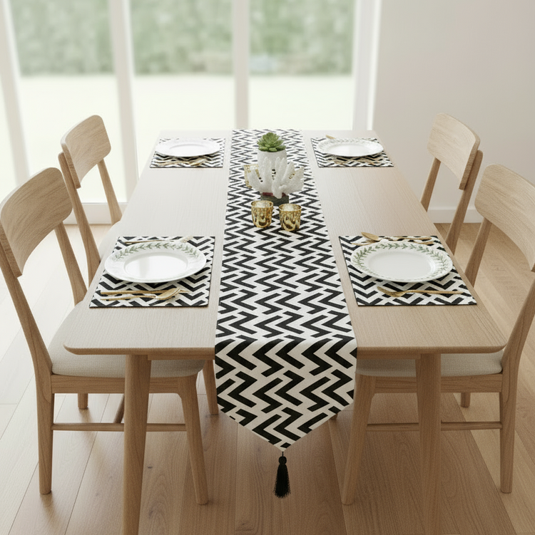 Black and white zigzag table runner with matching placemats.