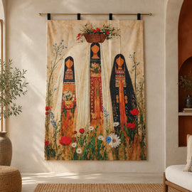 Cream wall tapestry with three women in patterned dresses surrounded by flowers and greenery.