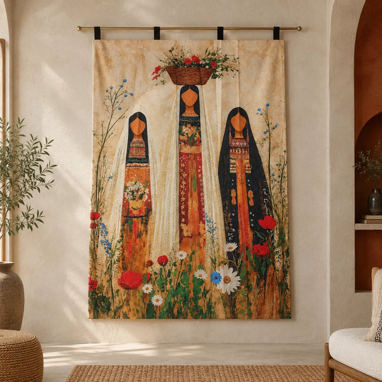 Garden Bearers Wall Tapestry hanging on wall 