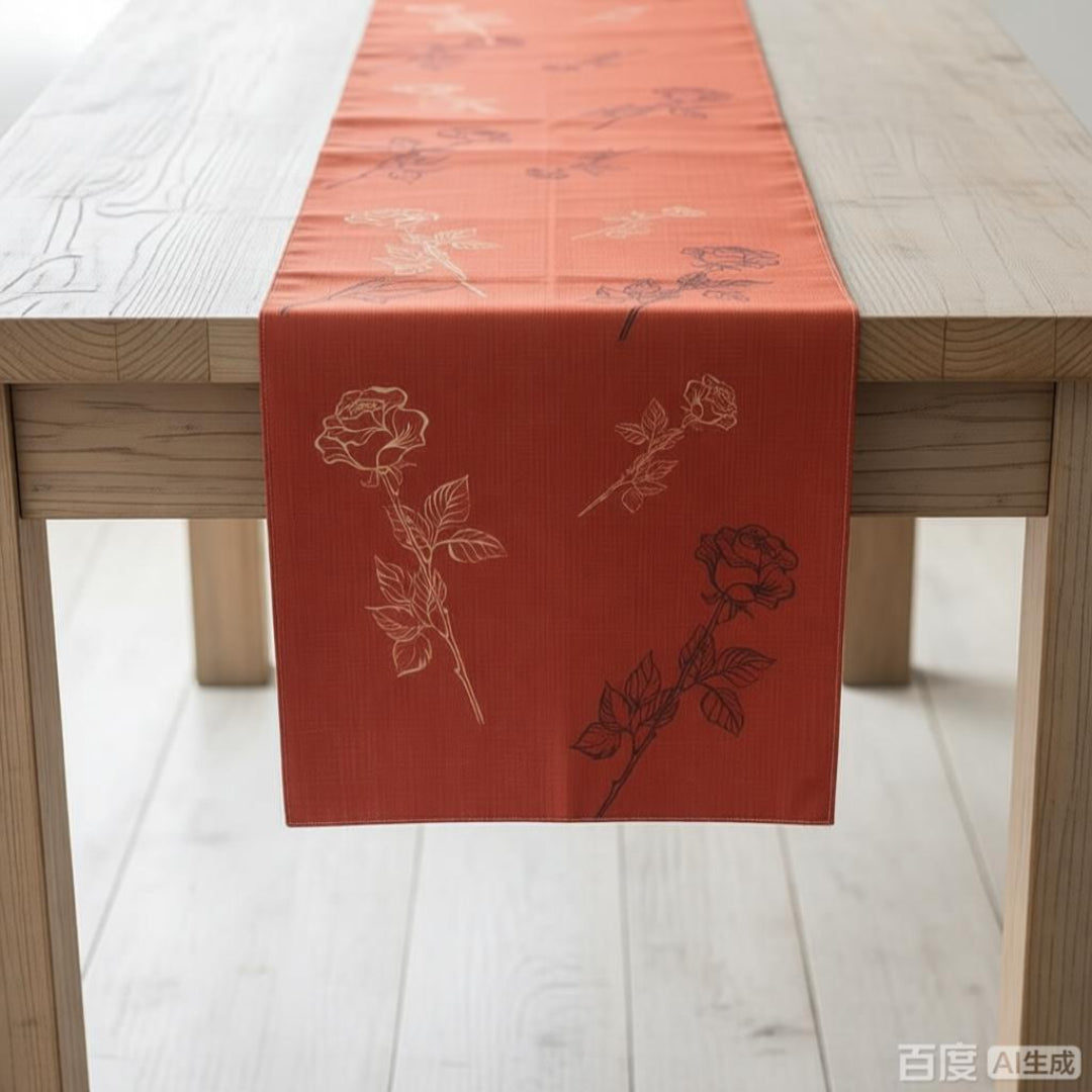 Terracotta table runner with fine botanical line drawings.