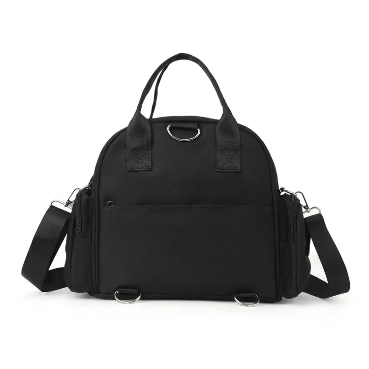 Rear view of a black bag with carry handles and side shoulder strap