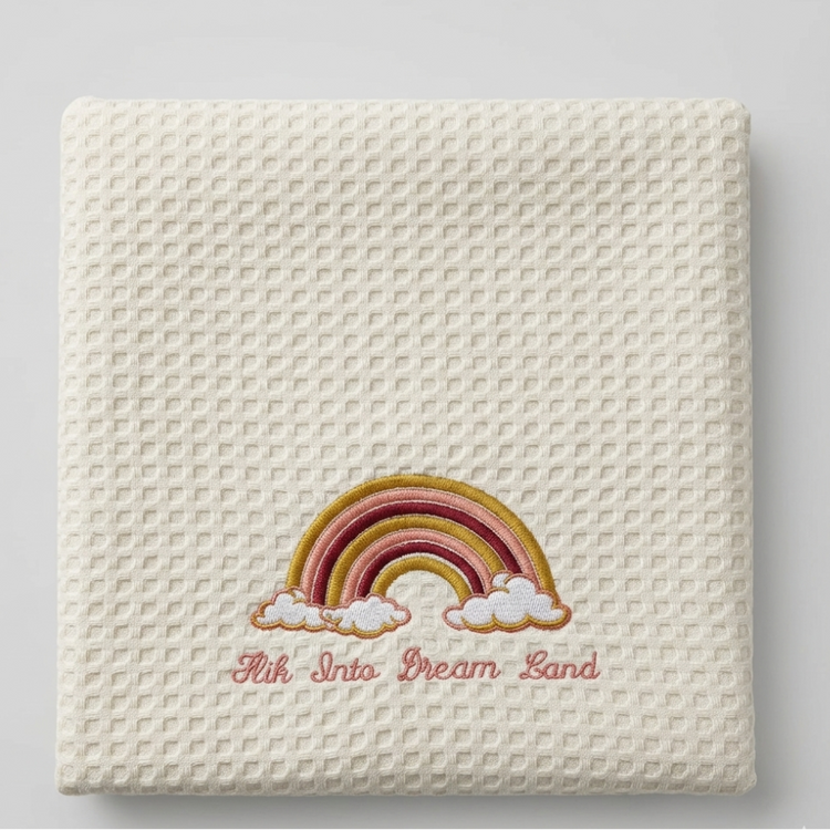 Folded cream waffle-weave baby blanket with a rainbow motif.