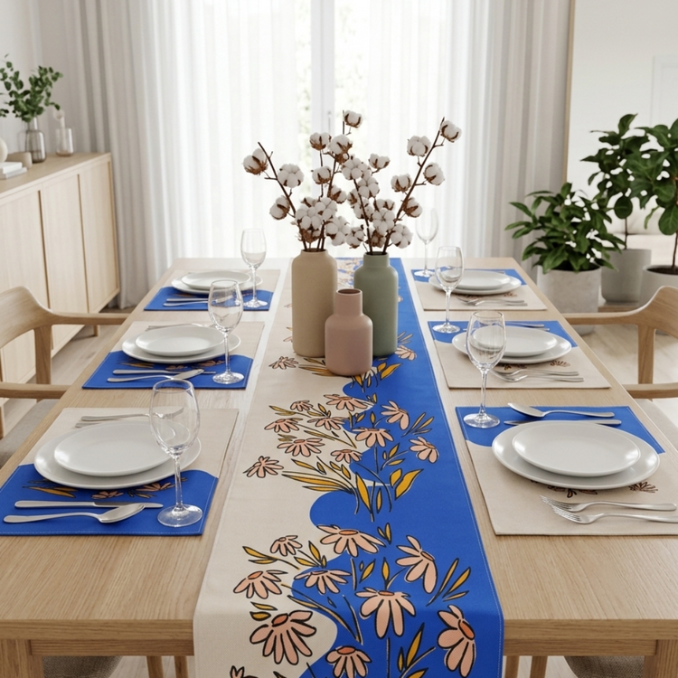 Blue and cream leafy-pattern table runner with matching placemats.