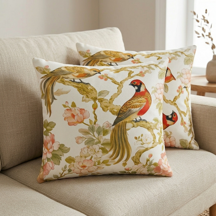 Two cream cushion covers with colourful birds, flowering branches and long tail feathers on a sofa.