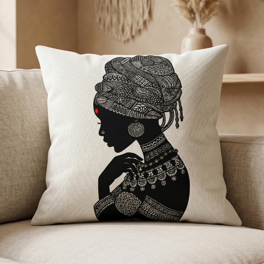 Cream cushion cover with a black portrait of a woman wearing an ornate grey headwrap.