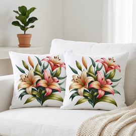 Two white cushion covers with colourful lilies and green leaves on a sofa.