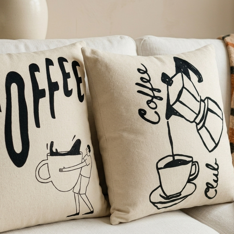 Close view of cream cushion covers with black Coffee lettering, cups and a pouring coffee pot.