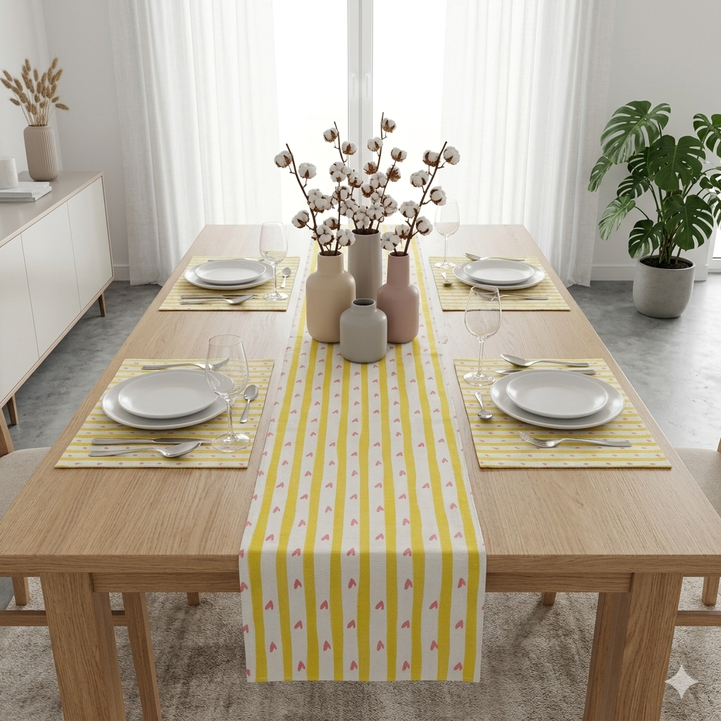 Yellow and white striped table runner with matching placemats.