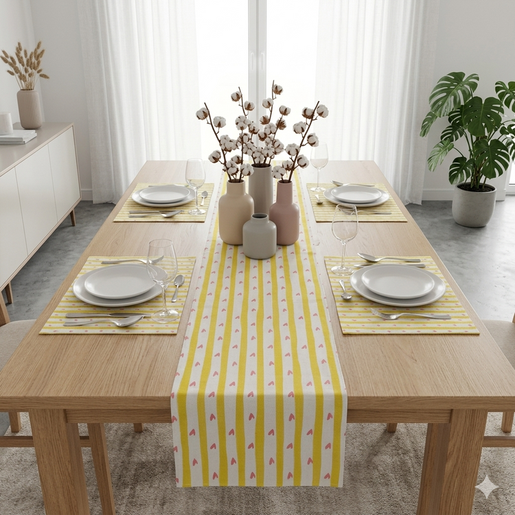 Yellow and white striped table runner with matching placemats.