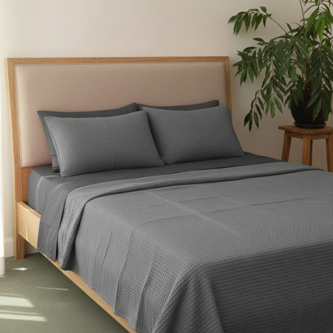 Dark grey duvet cover displayed on a bed with matching pillowcases.