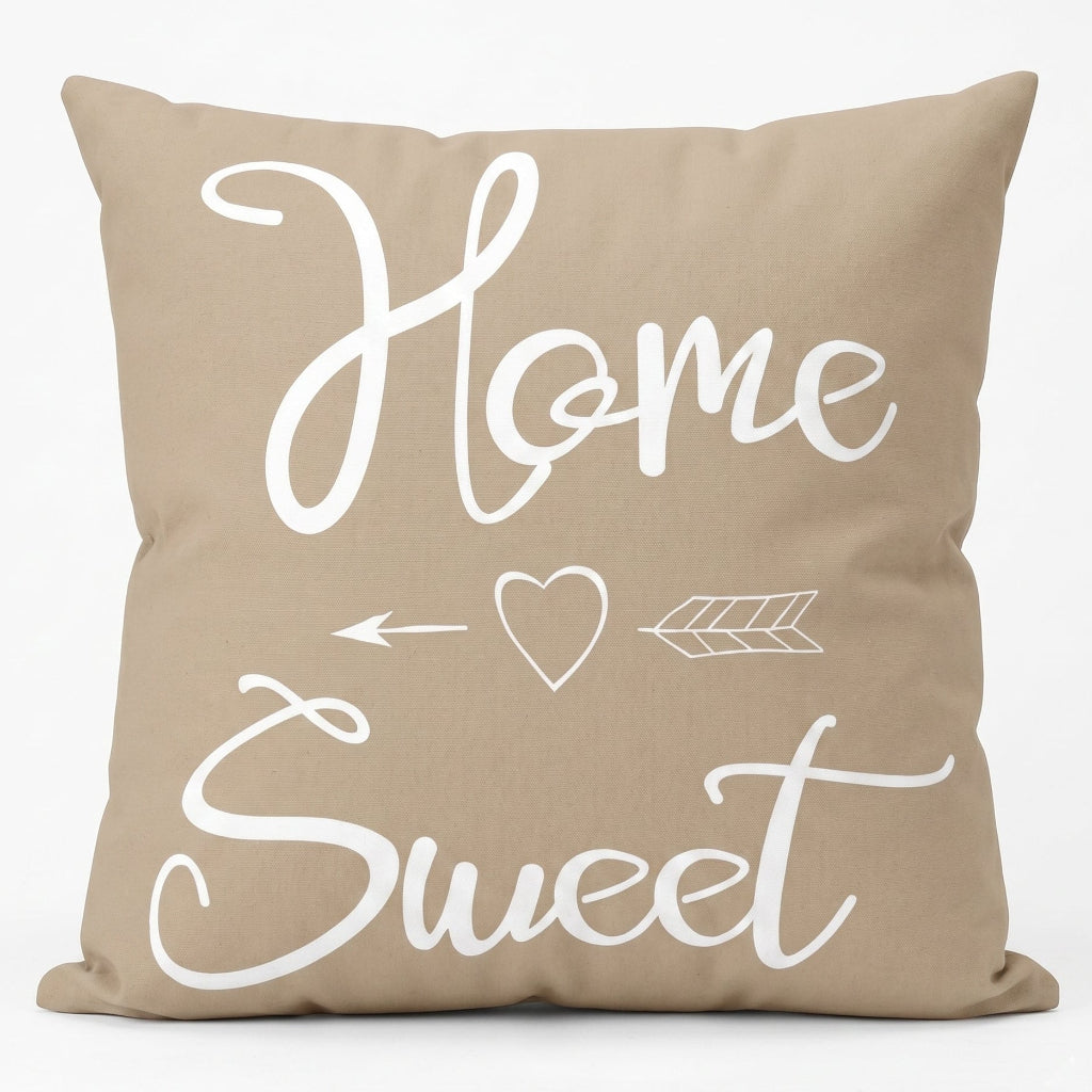 Beige cushion cover with white Home Sweet lettering, a heart and an arrow.