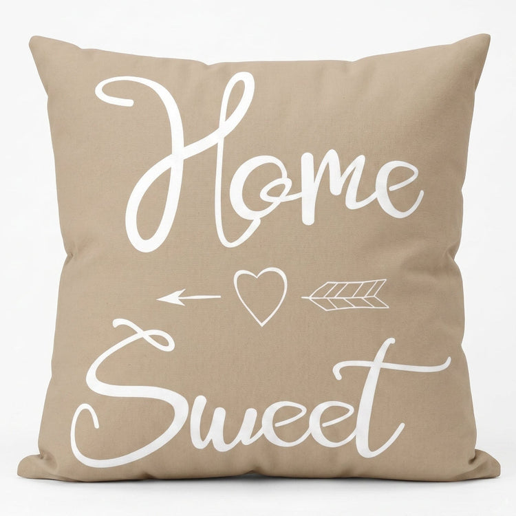 Beige cushion cover with white Home Sweet lettering, a heart and an arrow.
