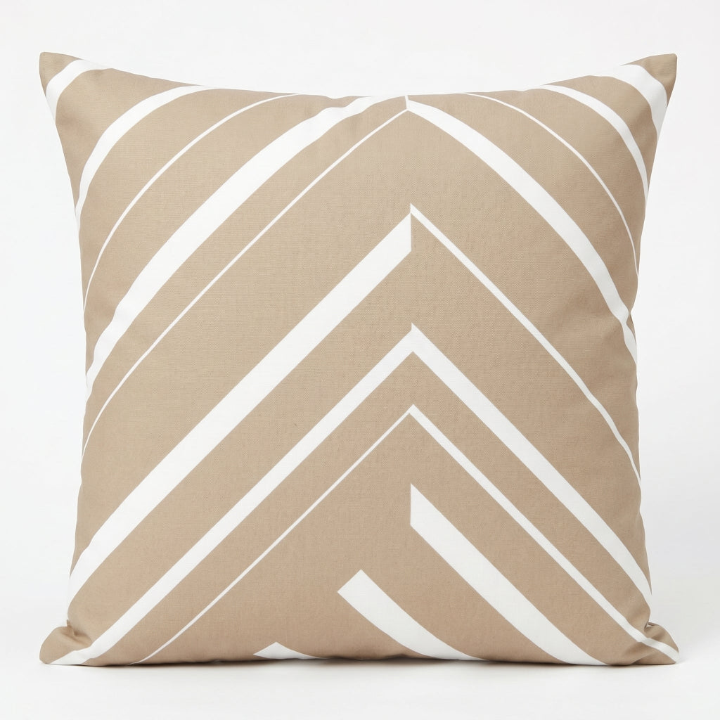 Beige cushion cover with thin white chevron lines.