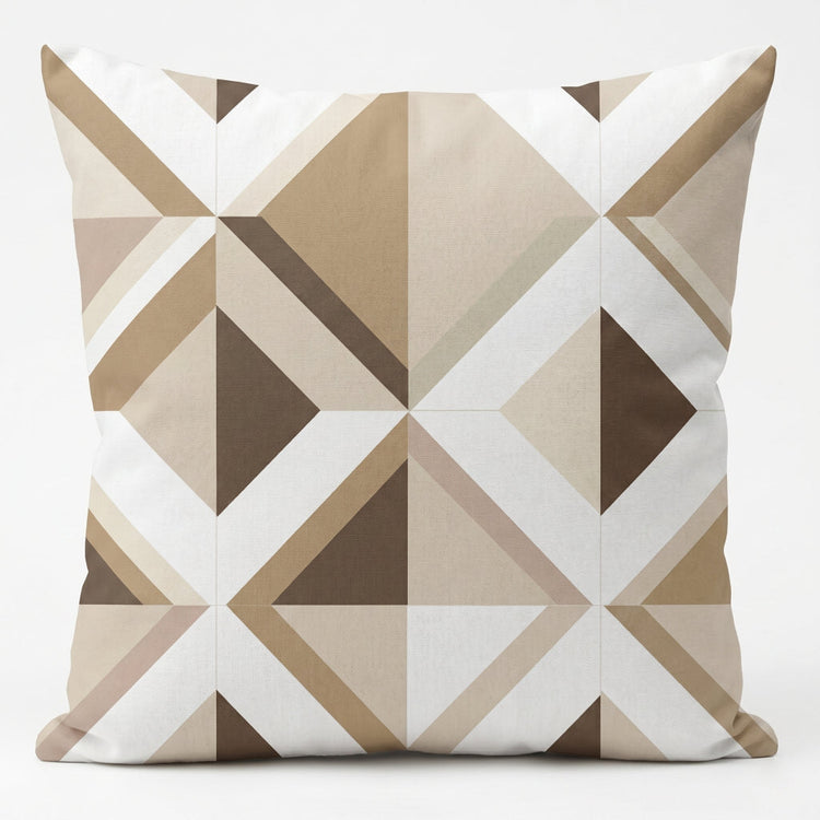 Cushion cover with cream, beige and brown triangular geometric panels.