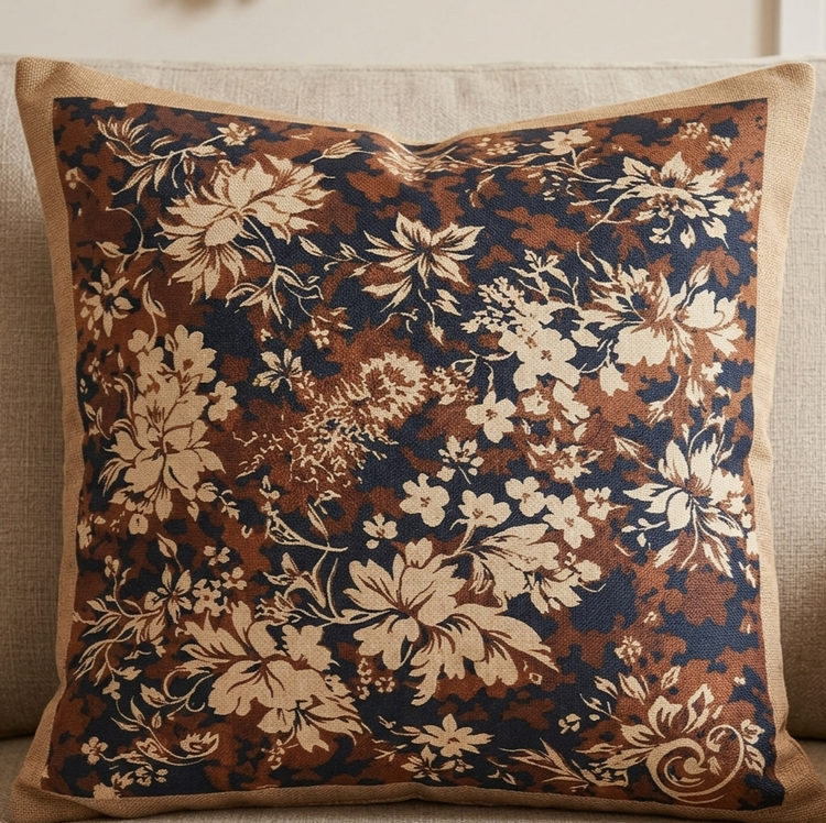 Close view of a navy cushion cover with intricate beige and rust botanical details.