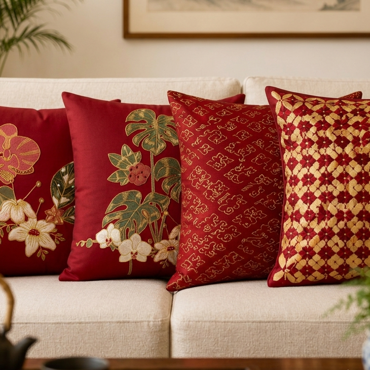 Close view of red cushion covers with gold coloured floral and patterned designs.