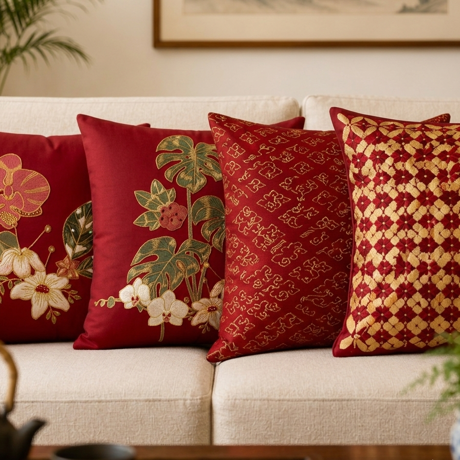 Close view of red cushion covers with gold coloured floral and patterned designs.