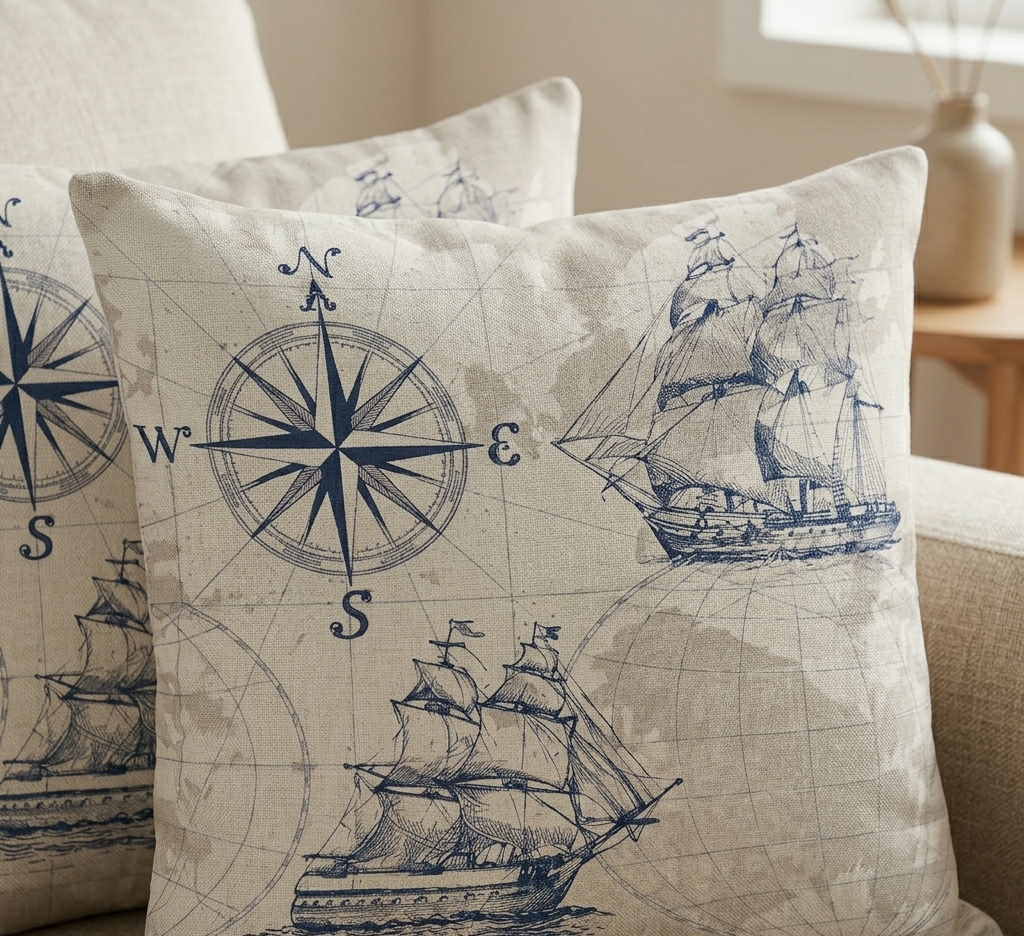 Close view of a cream cushion cover with blue compass roses, sailing ships and faint map details.