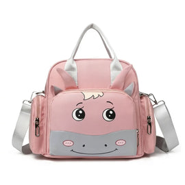 Pink zippered bag with a cartoon animal face, gray handles and shoulder strap