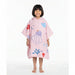 Child wearing a pink towel poncho with sea-life illustrations.