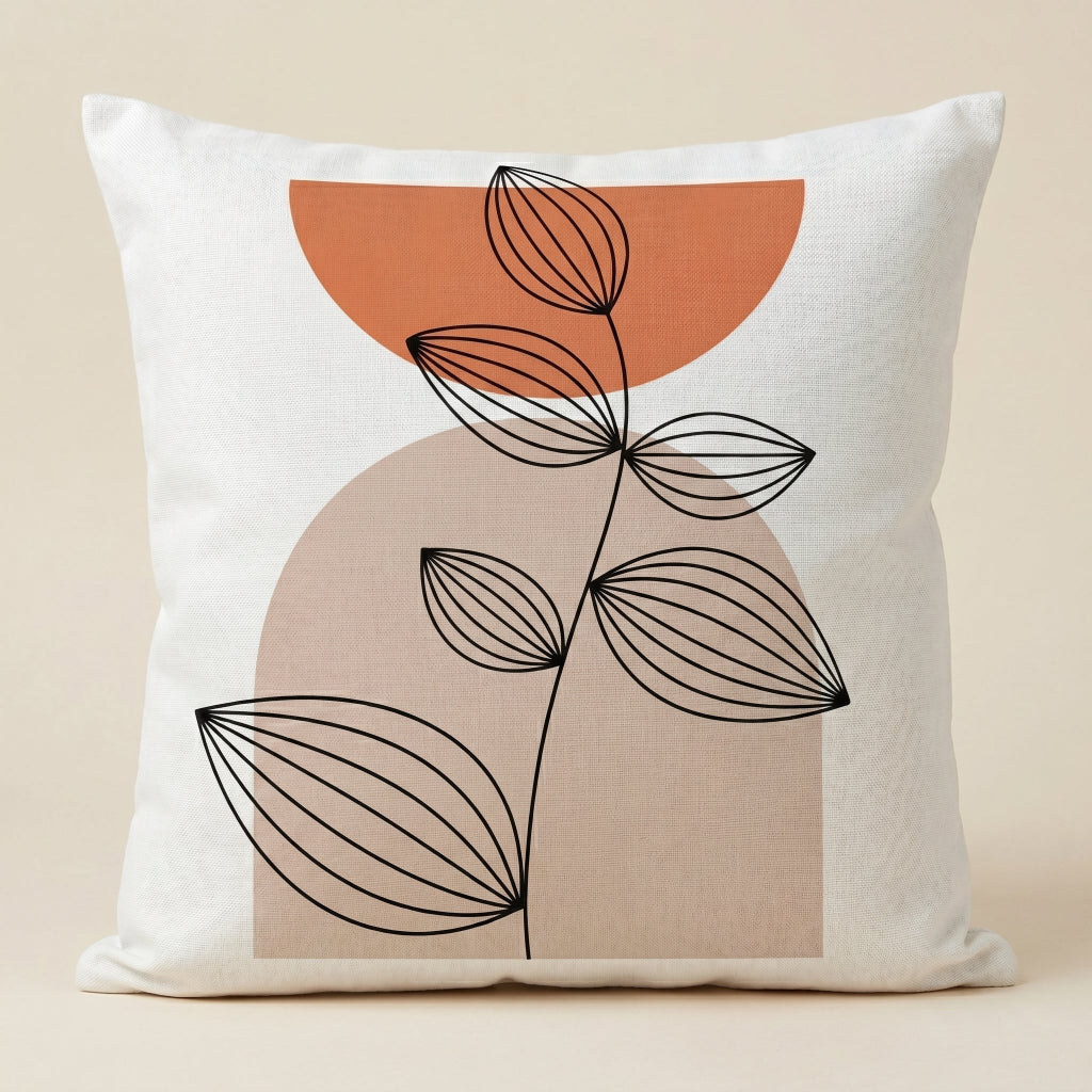 Cream cushion cover with a fine black leafy stem over rust and beige rounded shapes.