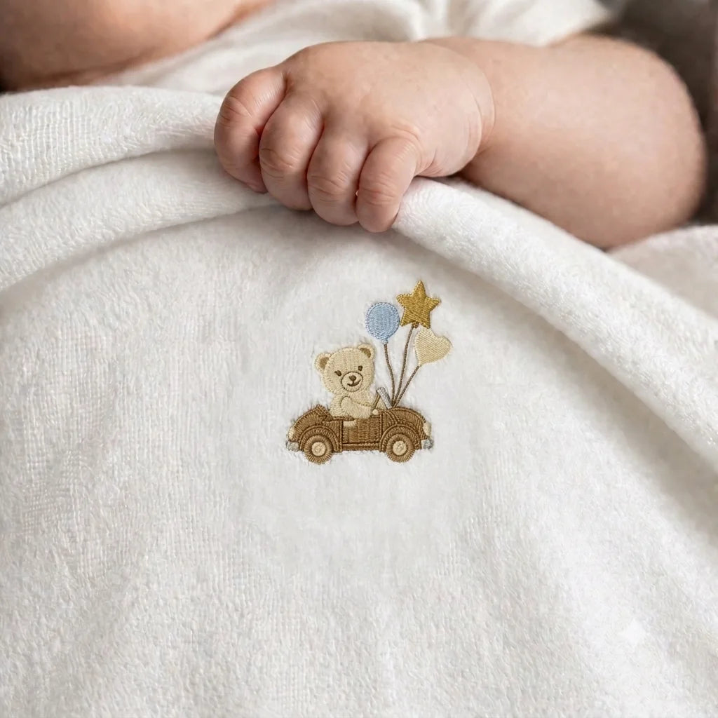 Close-up of an infant's hand on a white blanket with a teddy bear in a car and balloons