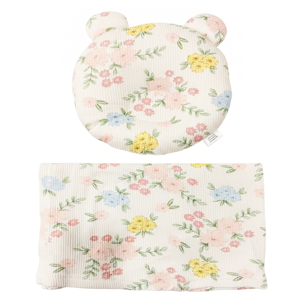 Newborn Head Support Pillow & Cotton Waffle Blanket Set