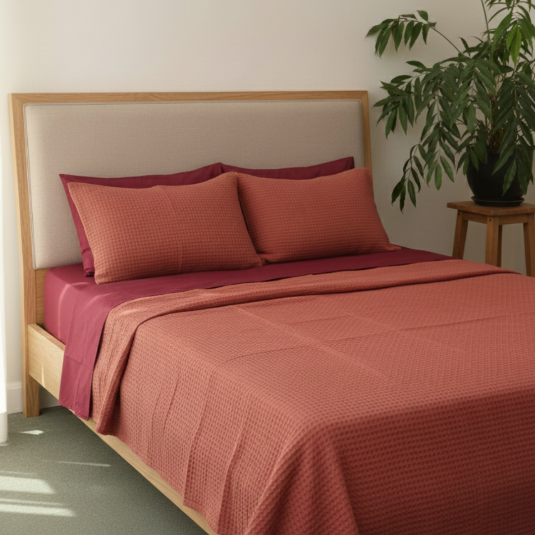 Reddish-brown duvet cover displayed on a bed with matching pillowcases.