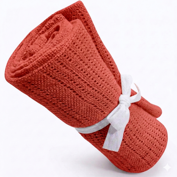 Rolled red cellular blanket tied with a white ribbon.