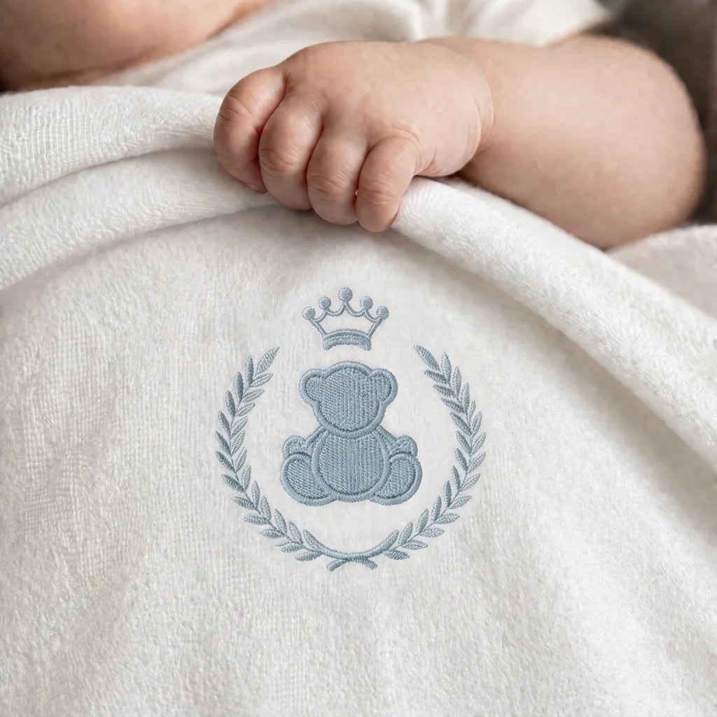 Close-up of an infant's hand resting on a white blanket with a blue teddy bear and wreath motif