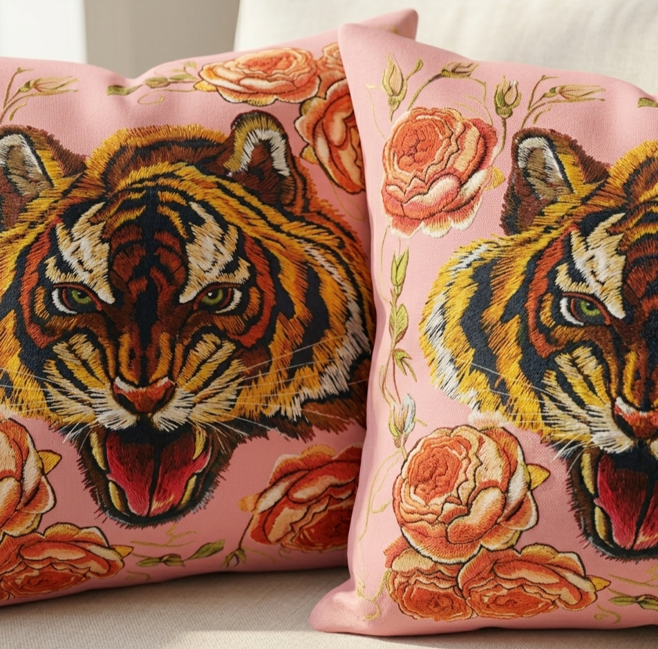 Close view of pink cushion covers with tiger faces surrounded by orange roses.