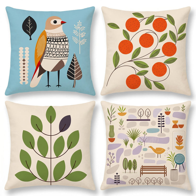 Four cushion covers with colourful garden, leaf, orange and bird illustrations.