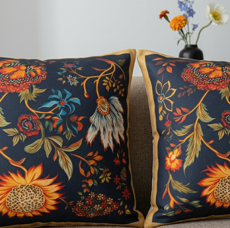 Close view of navy cushion covers with orange flowers and ornate multicoloured foliage.