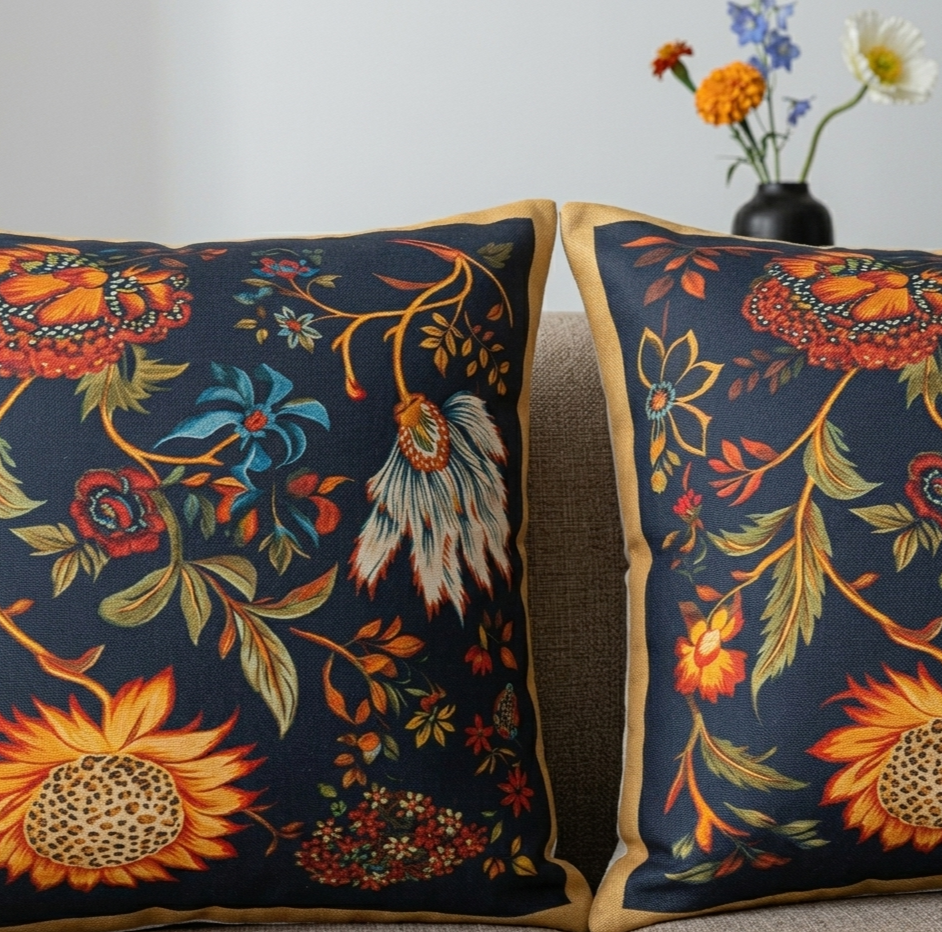 Close view of navy cushion covers with orange flowers and ornate multicoloured foliage.