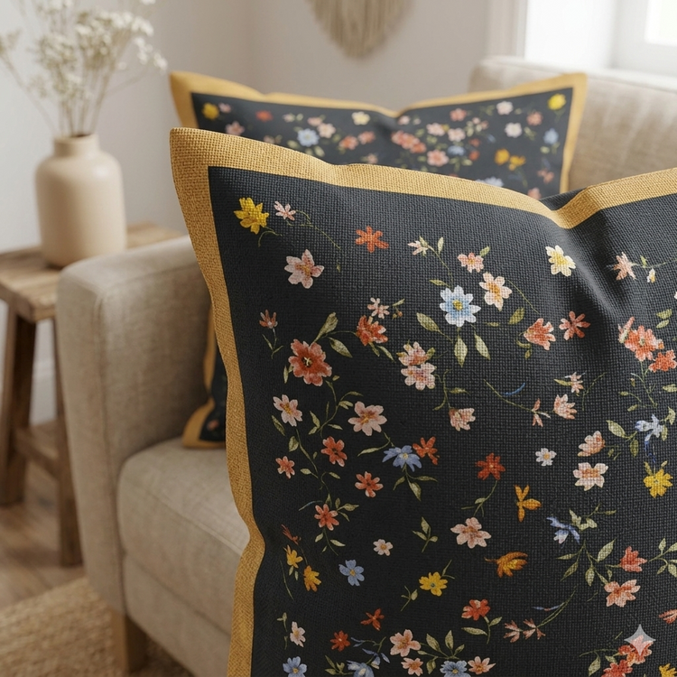 Close view of dark cushion covers with scattered small flowers and mustard edging.