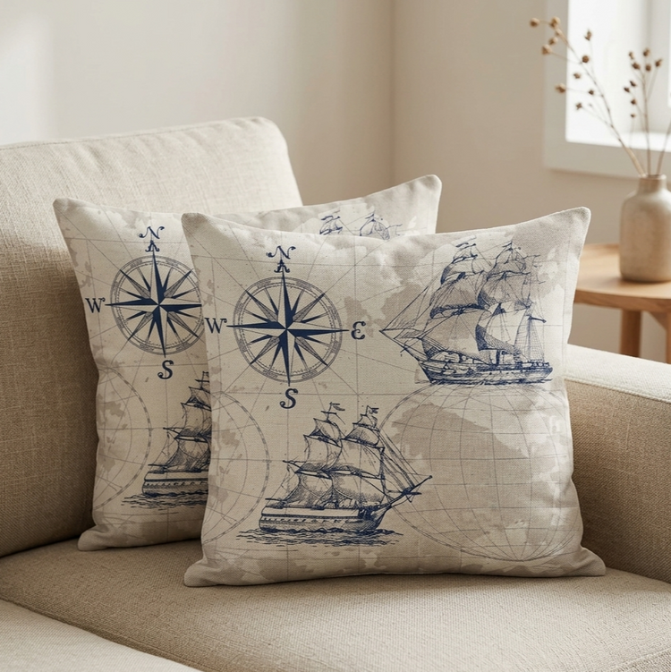 Two cream cushion covers with blue sailing ships and compass illustrations on a sofa.