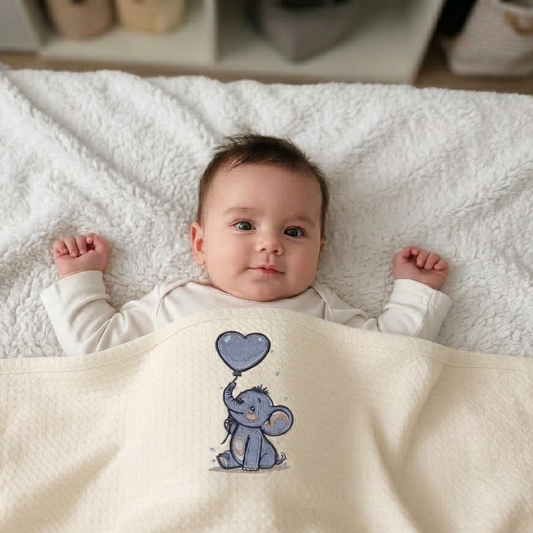 Baby lying beneath a pale cream blanket with a blue elephant holding a heart-shaped balloon.